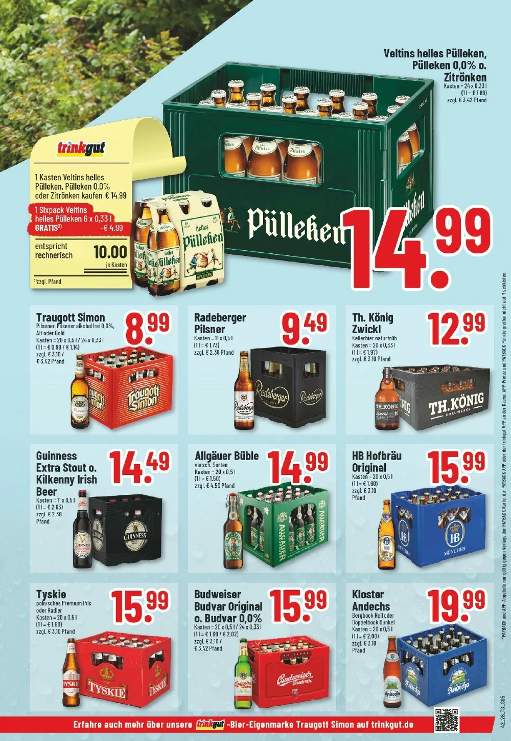 Trinkgut Prospekt KW 42 Seite 5 mit Veltins Pülleken, Traugott Simon, Radeberger Pilsner, Guinness, Allgäuer Büble & Tyskie