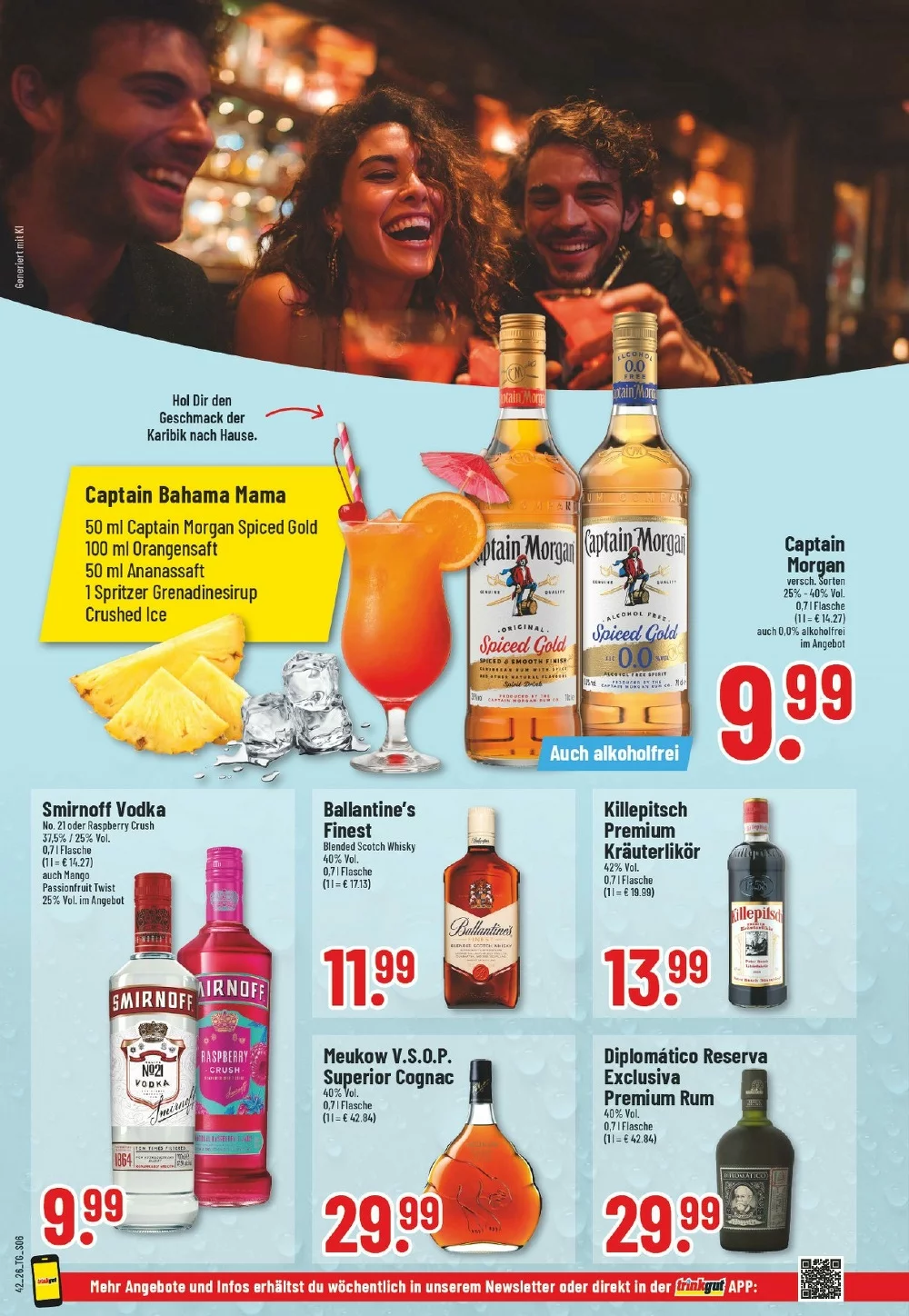 Trinkgut Prospekt KW 42 Seite 8 mit Captain Morgan, Smirnoff Vodka, Ballantine's Finest, Killepitsch & Diplomático Rum