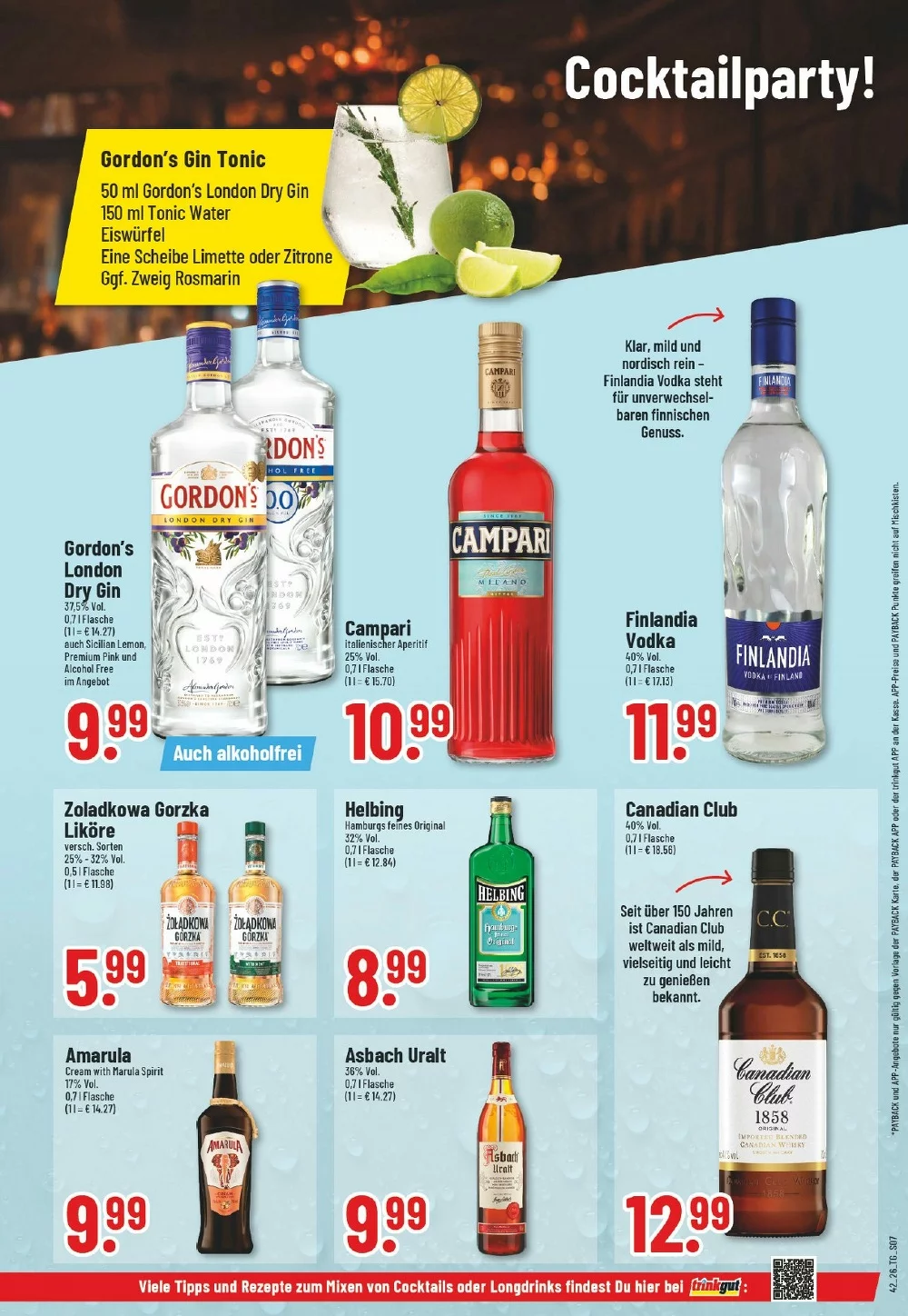 Trinkgut Prospekt KW 42 Seite 9 mit Gordon's Dry Gin, Campari, Finlandia Vodka, Helbing, Canadian Club, Amarula & Asbach Uralt