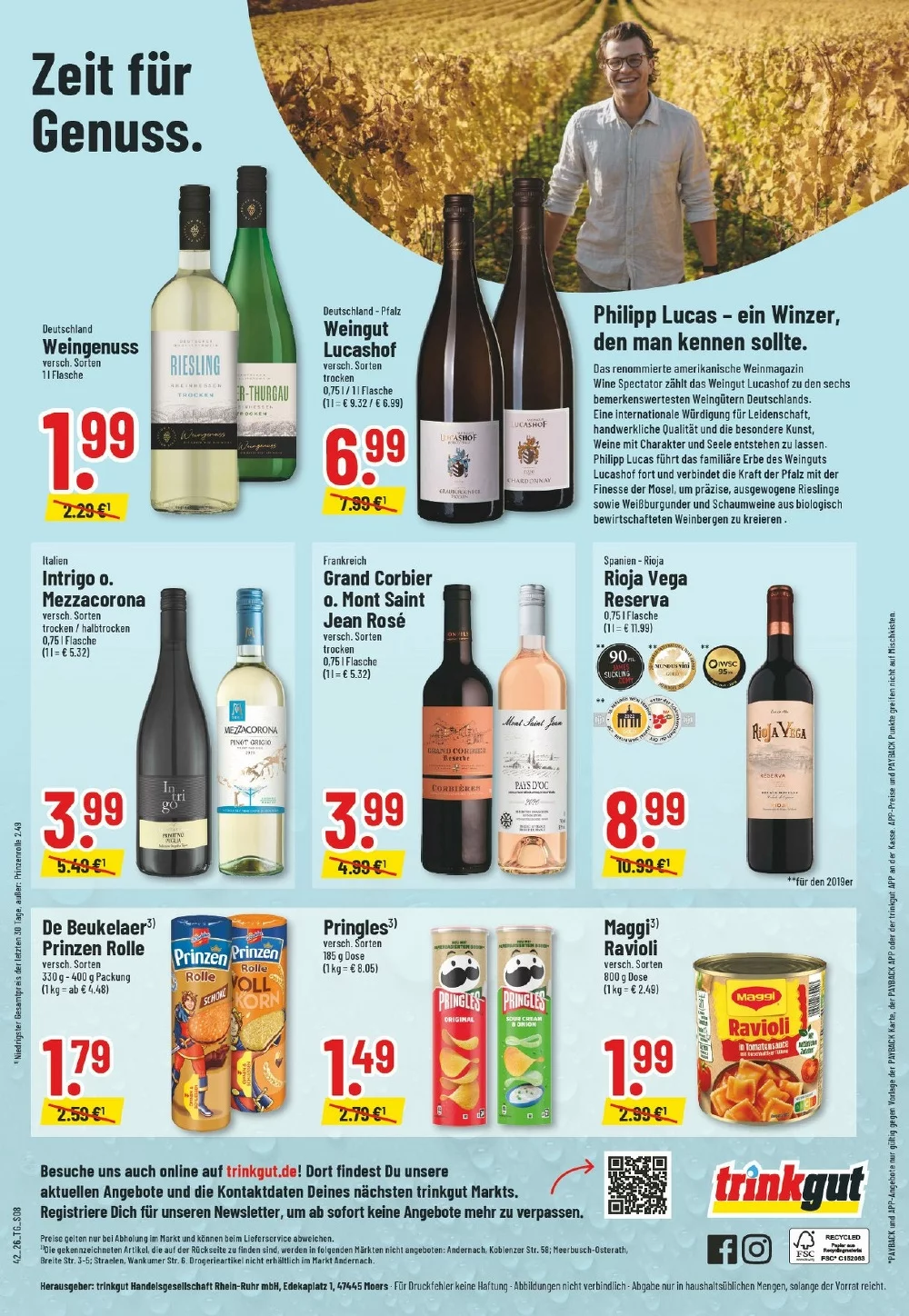 Trinkgut Prospekt KW 42 Seite 10 mit Weingut Lucashof, Rioja Vega Reserva, Prinzen Rolle, Pringles & Maggi Ravioli
