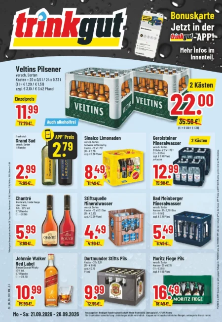Trinkgut Prospekt ab 21.09.2026 (KW 39) Trinkgut Prospekt ab 21.09.2026 Seite 1 mit Veltins Pilsener, Grand Sud, Sinalco, Gerolsteiner und Johnnie Walker