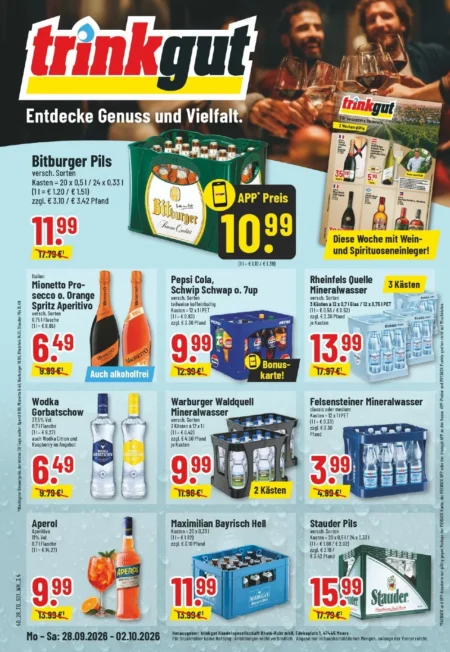 Trinkgut Prospekt ab 28.09.2026 (KW 40) Trinkgut Prospekt ab 28.09.2026 Seite 1 mit Bitburger Pils, Pepsi, Rheinfels Quelle, Wodka Gorbatschow, Aperol und Stauder.