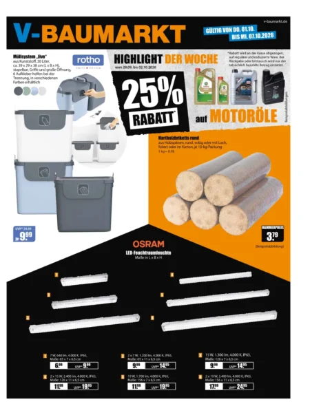 V-Baumarkt Angebote im Prospekt KW 40 ab 01.10.2026 (Aalen) V-Baumarkt Aalen Angebote ab 01.10.2026 Seite 1 mit angeboten für Müllsystem, Motoröl, Briketts und LED-Feuchtraumleuchte.