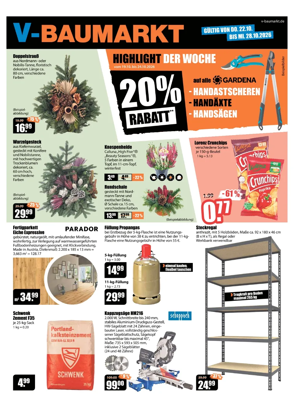 V-Baumarkt Aalen Angebote ab 22.10.2026 Seite 1 mit angeboten für Doppelstrauß, Gardena Astschere, Fertigparkett & Steckregal