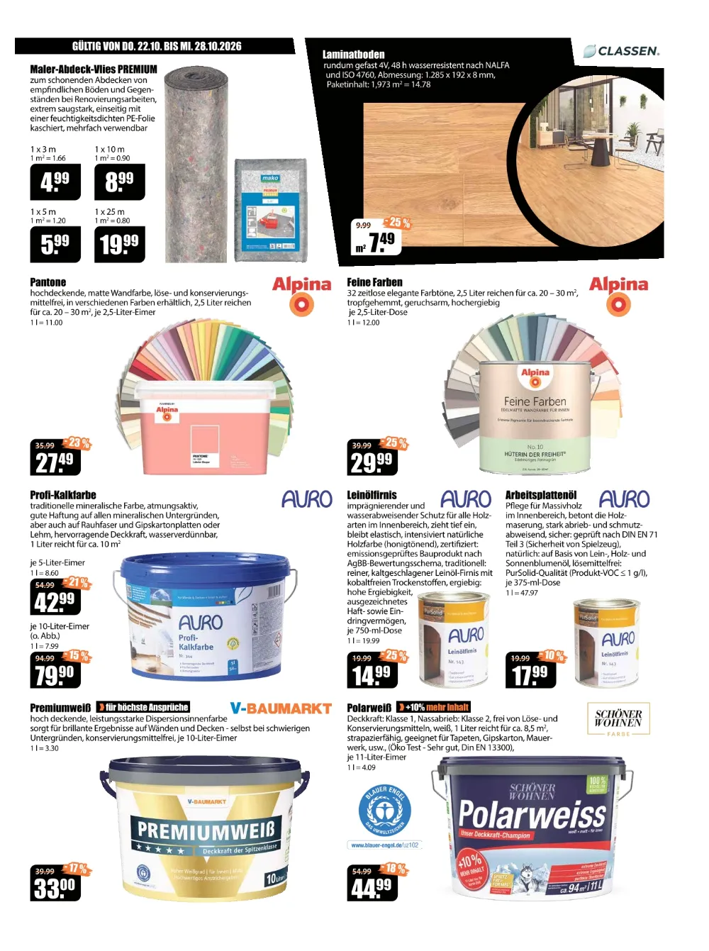 V-Baumarkt Aalen Angebote KW 43 Seite 5 mit angeboten für Maler-Abdeck-Vlies, Classen Laminatboden, Alpina Wandfarbe & Auro