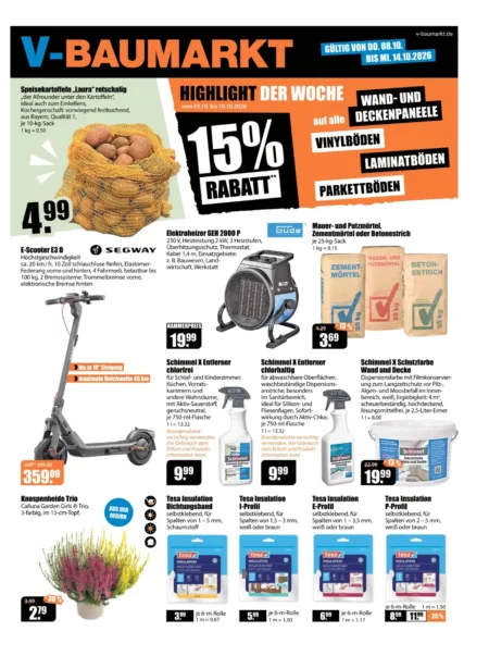 V-Baumarkt Prospekt ab 08.10.2026 (KW 41) Aalen V-Baumarkt Aalen Prospekt ab 08.10.2026 Seite 1 mit Kartoffeln, E-Scooter, Elektroheizer, Mörtel und Tesa Dichtungsband.