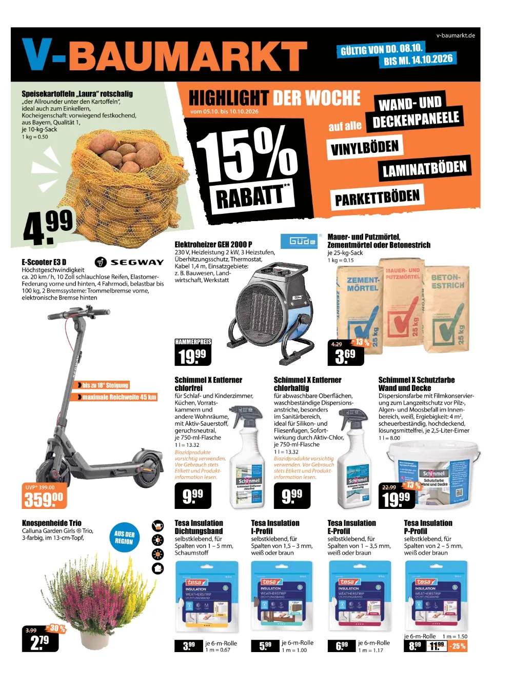 V-Baumarkt Aalen Prospekt ab 08.10.2026 Seite 1 mit Kartoffeln, E-Scooter, Elektroheizer, Mörtel und Tesa Dichtungsband.