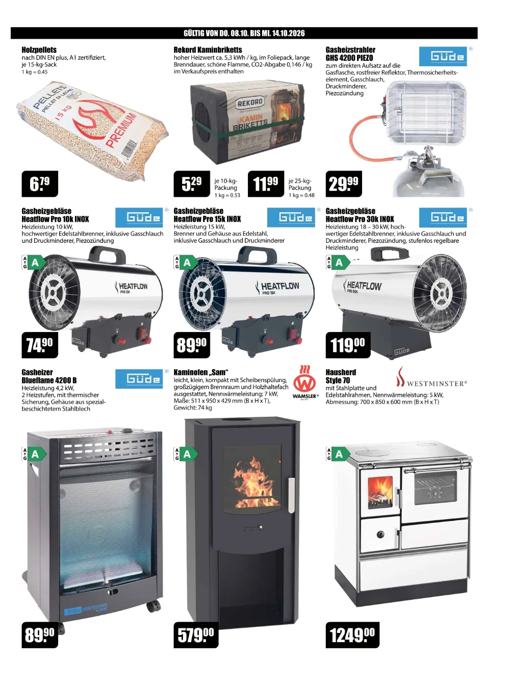 V-Baumarkt Aalen Prospekt KW41 Seite 5 mit Holzpellets, Kaminbriketts, Gasheizgebläse, Gasheizer, Kaminofen und Hausherd.