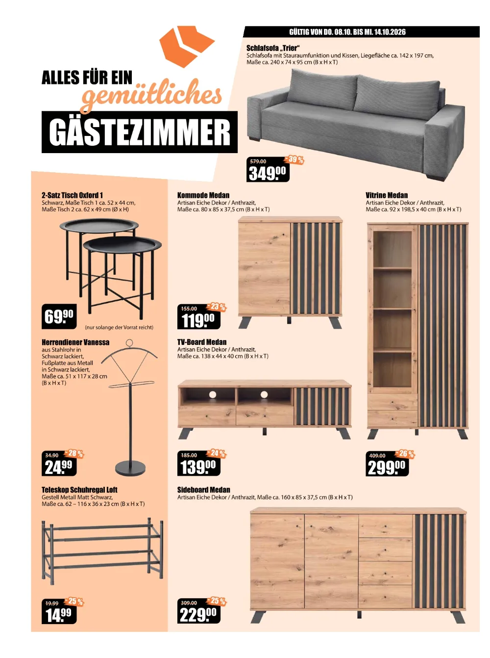 V-Baumarkt Aalen Prospekt KW41 Seite 6 mit Schlafsofa, Tisch-Set, Herrendiener, Kommode, TV-Board, Sideboard und Vitrine.