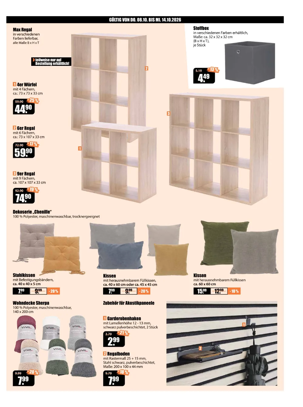 V-Baumarkt Aalen Prospekt KW41 Seite 7 mit Würfelregal, Stoffbox, Stuhlkissen, Wohndecke und Akustikpaneele-Zubehör.