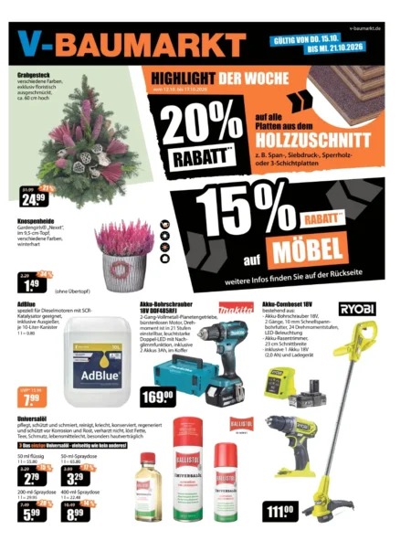 V-Baumarkt Aalen Prospekt ab 15.10.2026 (KW 42) V-Baumarkt Aalen Prospekt ab 15.10.2026 Seite 1 mit Grabgesteck, Knospenheide, AdBlue, Makita Bohrschrauber & Ballistol