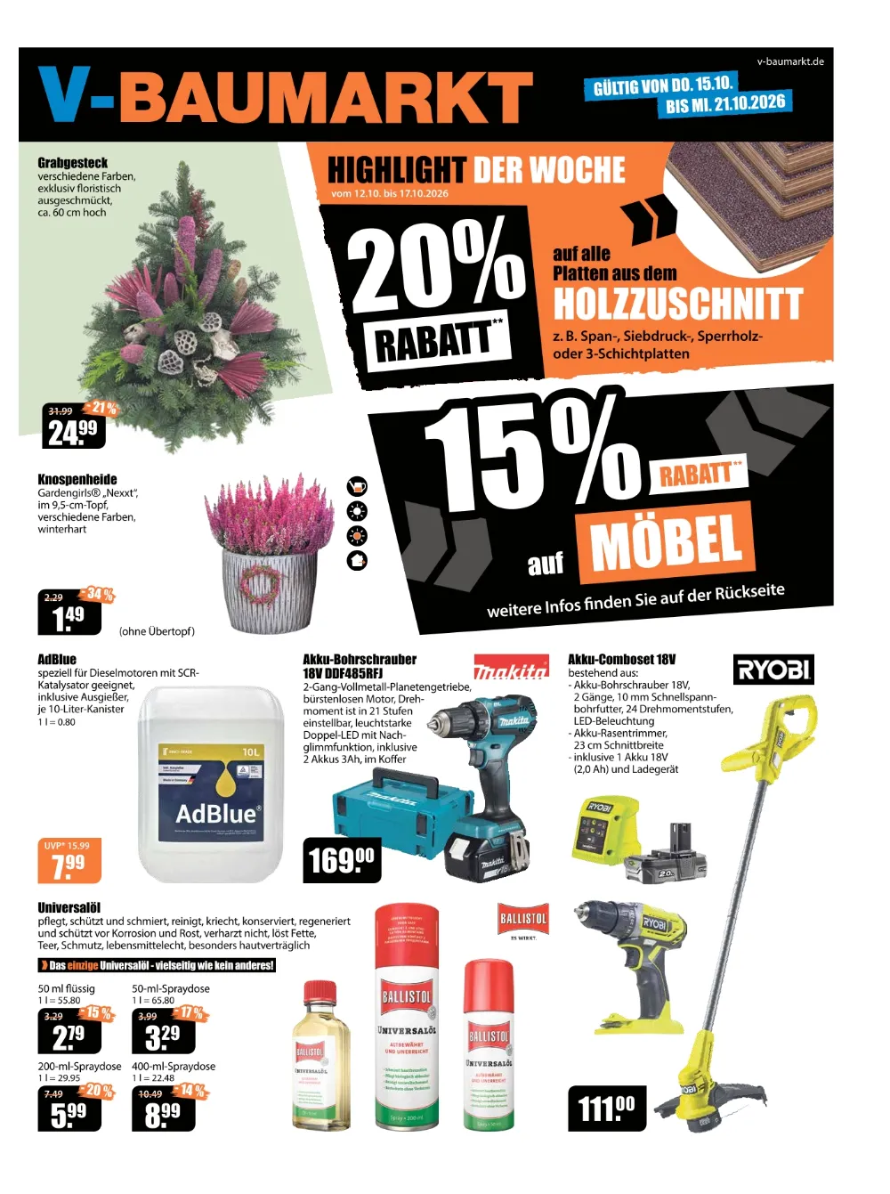 V-Baumarkt Aalen Prospekt ab 15.10.2026 Seite 1 mit Grabgesteck, Knospenheide, AdBlue, Makita Bohrschrauber & Ballistol