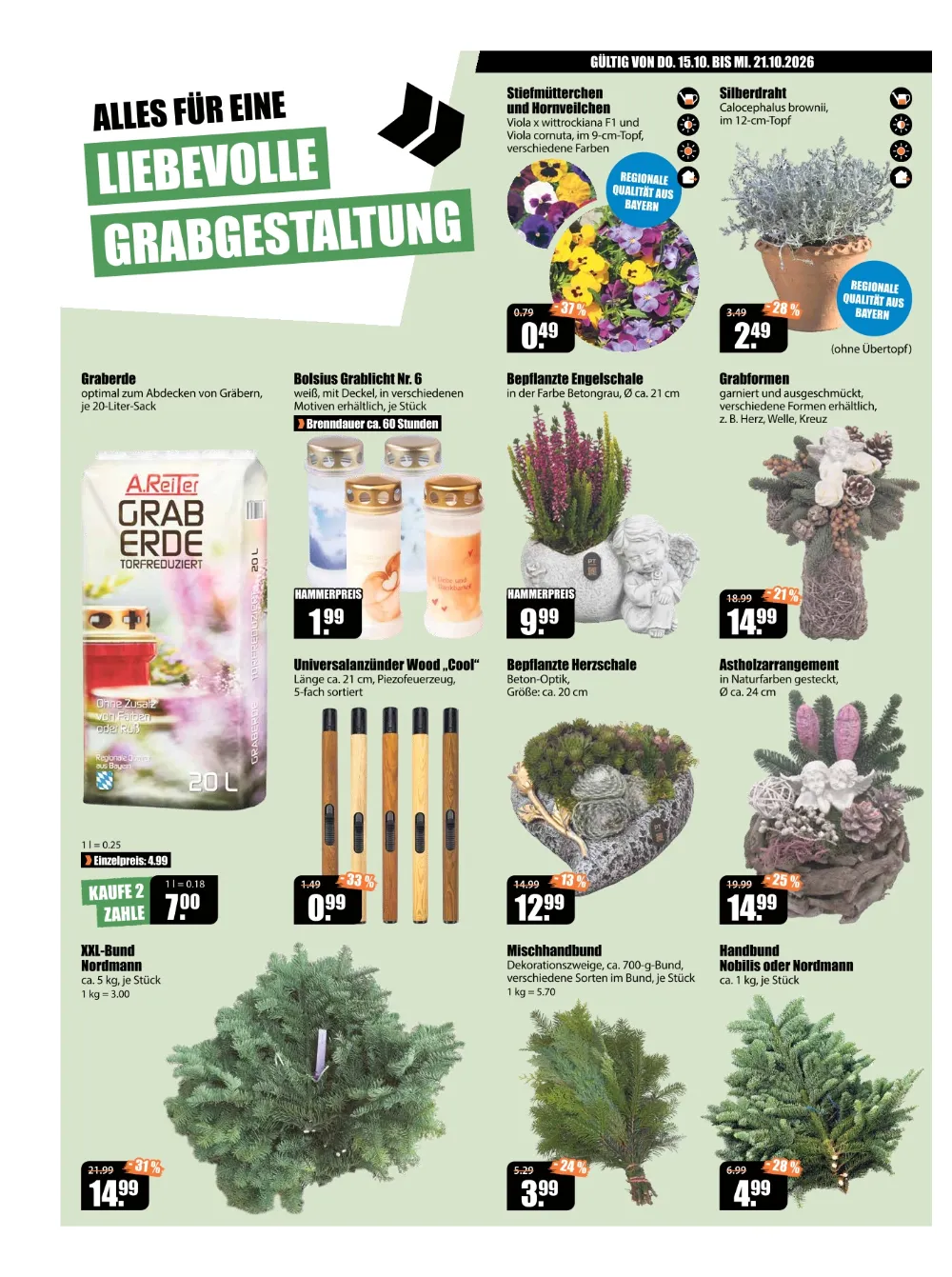 V-Baumarkt Aalen Prospekt KW 42 Seite 2 mit Graberde, Bolsius Grablicht, Stiefmütterchen, Engelschale & Nordmanntanne