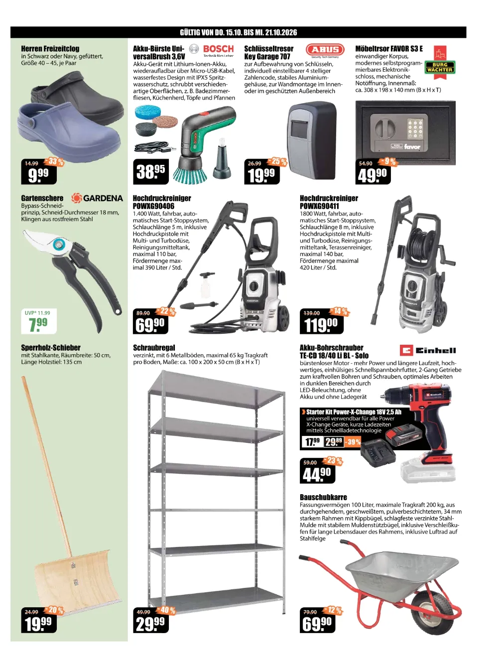 V-Baumarkt Aalen Prospekt KW 42 Seite 3 mit Freizeitclogs, Bosch UniversalBrush, Schlüsseltresor & Hochdruckreiniger