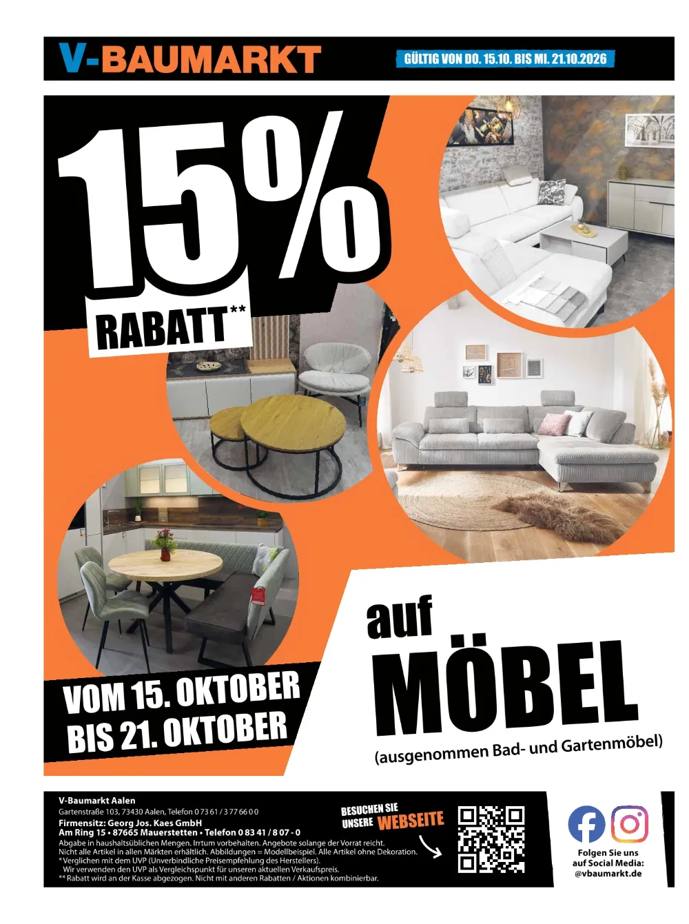 V-Baumarkt Aalen Prospekt KW 42 Seite 4 mit Rabatt auf Möbel, Einbauküchen, Ecksofas & Esstisch-Garnituren