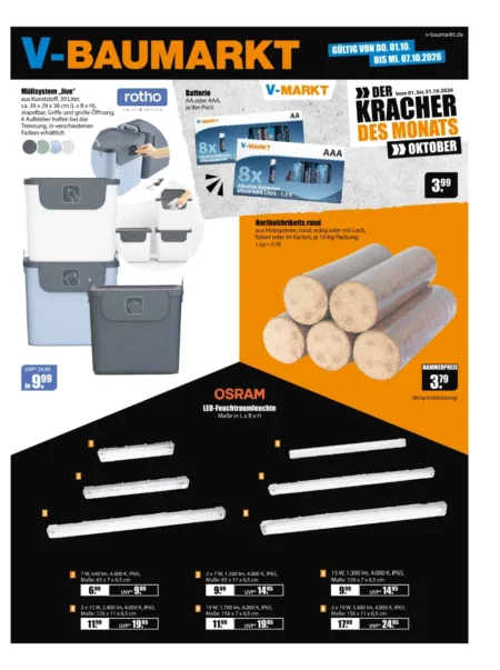 V-Baumarkt Angebote im Prospekt KW 40 ab 01.10.2026 (Schwaben) V-Baumarkt Angebote ab 01.10.2026 Seite 1 mit Angeboten für Rotho Müllsystem, Batterien, Briketts und Osram LED-Leuchten.