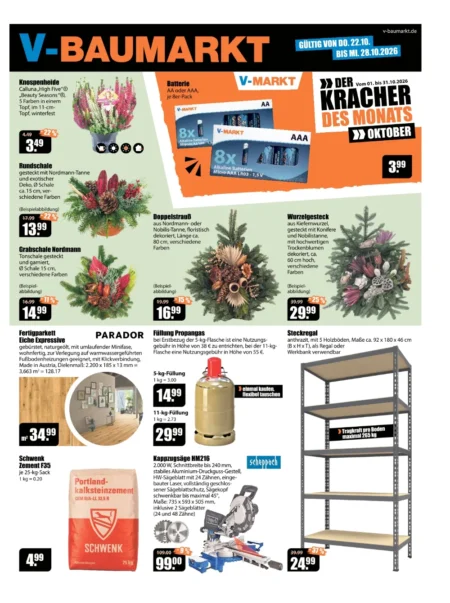 V-Baumarkt Angebote ab 22.10.2026 Seite 1 mit angeboten für Knospenheide, V-Markt Batterie, Grabschale & Parador Fertigparkett