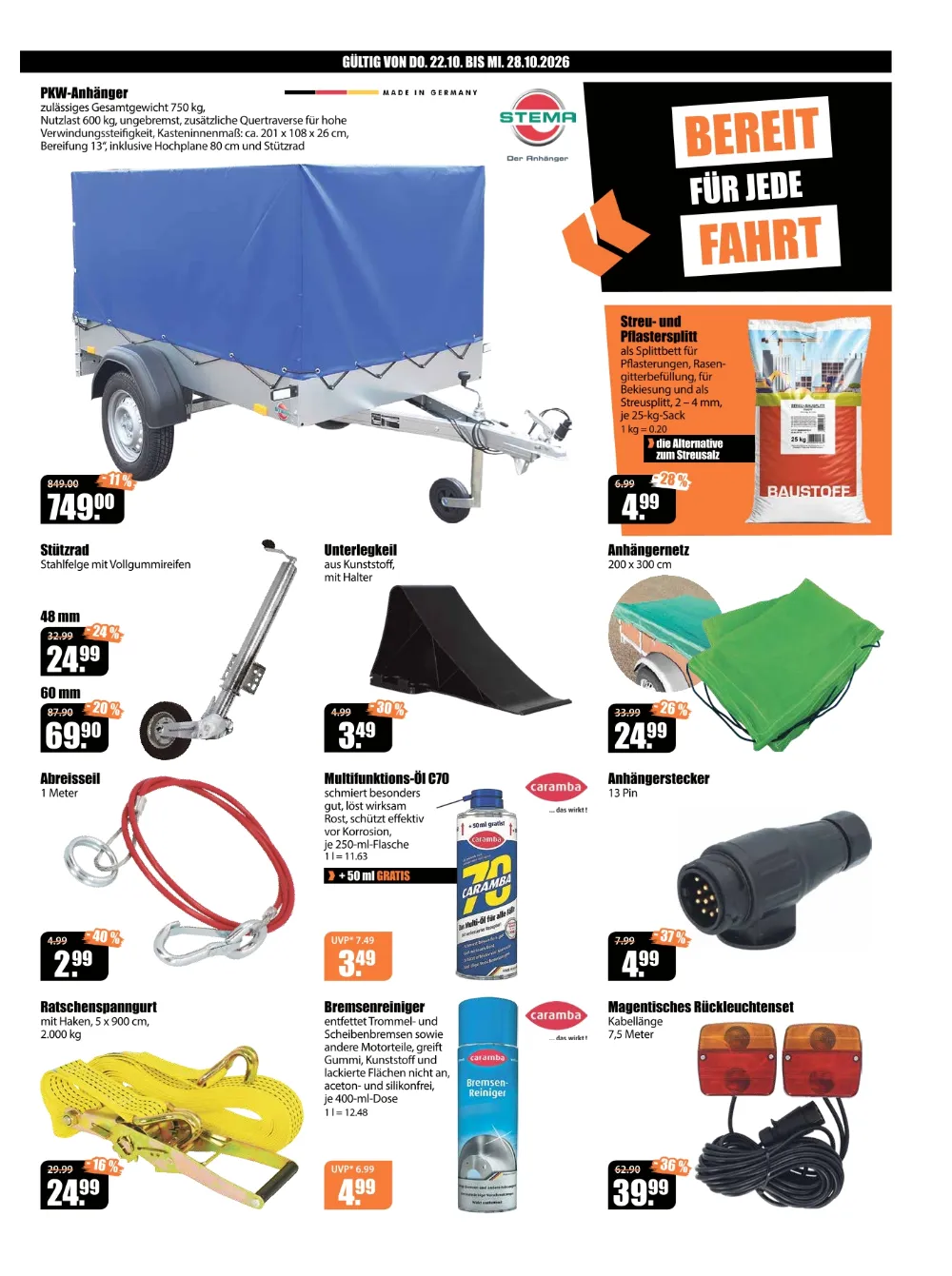 V-Baumarkt Angebote KW 43 Seite 3 mit angeboten für Stema PKW-Anhänger, Pflastersplitt, Stützrad & Caramba Multi-Öl
