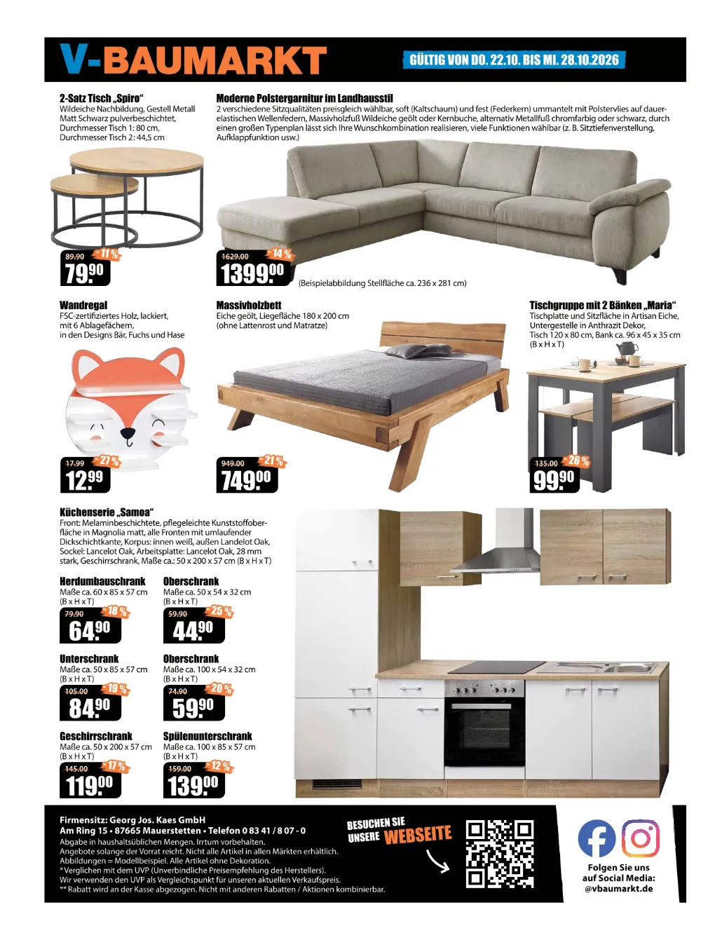 V-Baumarkt Angebote KW 43 Seite 8 mit angeboten für 2-Satz Tisch Spiro, Polstergarnitur, Wandregal & Küchenserie Samoa