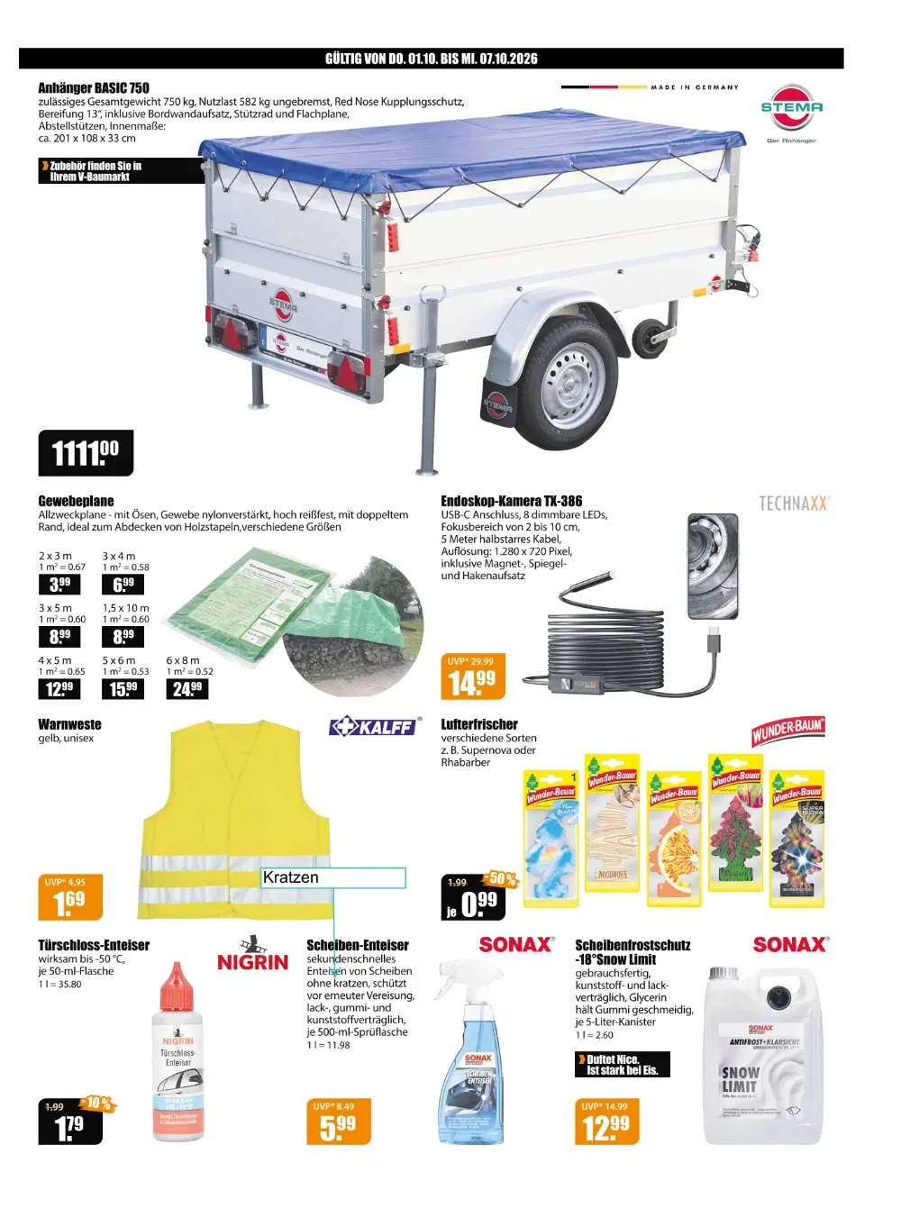 V-Baumarkt Angebote München KW 40 Seite 3 mit angeboten für Stema Anhänger, Gewebeplane, Endoskop-Kamera und Sonax Frostschutz.