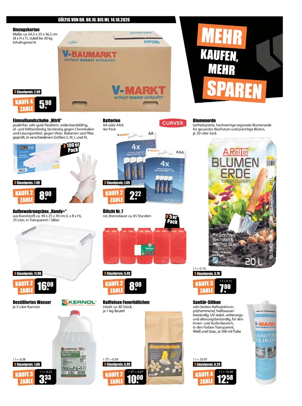 V-Baumarkt Prospekt KW41 Seite 3 mit Umzugskarton, Nitrilhandschuhe, Batterien, Blumenerde und Sanitär-Silikon.