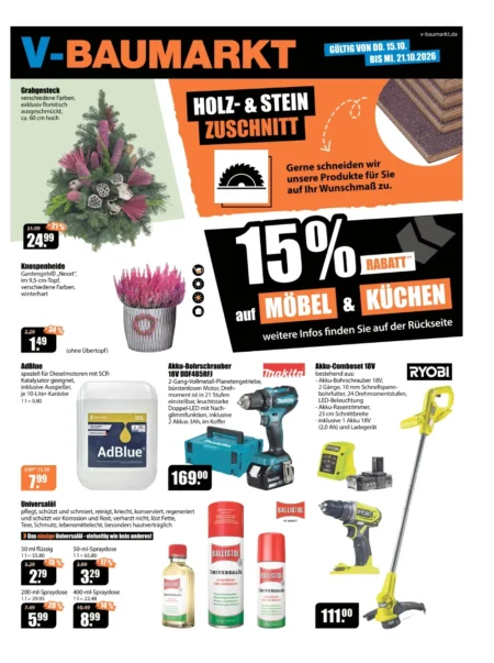 V-Baumarkt Prospekt ab 15.10.2026 (KW 42) V-Baumarkt Prospekt ab 15.10.2026 Seite 1 mit Grabgesteck, Knospenheide, AdBlue, Makita, Ryobi & Ballistol