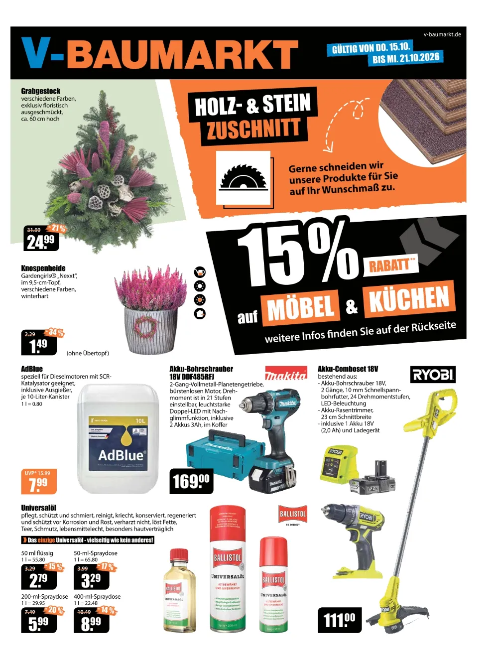 V-Baumarkt Prospekt ab 15.10.2026 Seite 1 mit Grabgesteck, Knospenheide, AdBlue, Makita, Ryobi & Ballistol