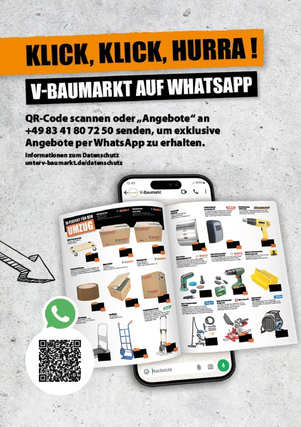 V-Baumarkt Prospekt KW 42 Seite 6 mit WhatsApp-Service, QR-Code & Umzugsbedarf