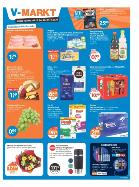V-Markt Angebote im Prospekt KW 40 ab 01.10.2026 V-Markt Angebote ab 01.10.2026 Seite 1 mit Angeboten für Hähnchenbrust, Meggle Butter, Persil und Coca-Cola.
