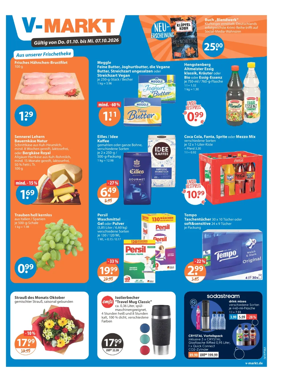 V-Markt Angebote ab 01.10.2026 Seite 1 mit Angeboten für Hähnchenbrust, Meggle Butter, Persil und Coca-Cola.