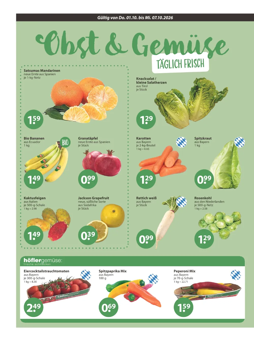 V-Markt Angebote KW 40 Seite 4 mit Angeboten für Mandarinen, Bio Bananen, Granatäpfel, Karotten und Rosenkohl.