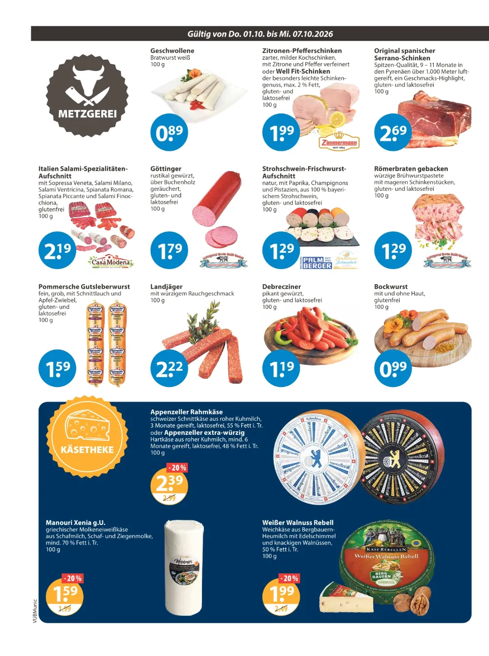 V-Markt Angebote München KW 40 Seite 2 mit Angeboten für Serrano-Schinken, Bockwurst, Appenzeller und Walnuss Rebell.