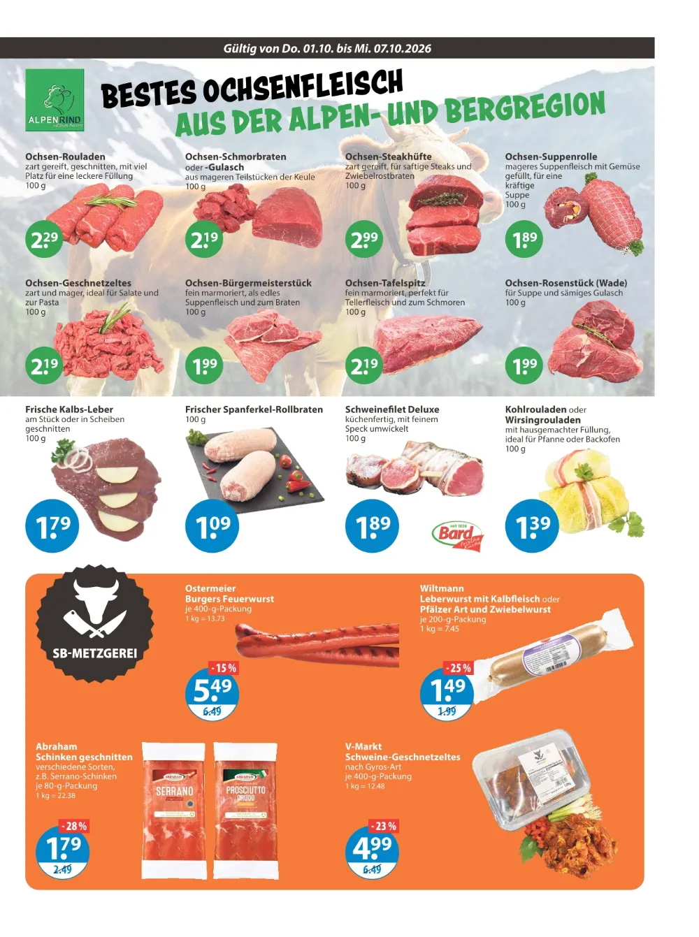 V-Markt Angebote München KW 40 Seite 3 mit Angeboten für Ochsen-Rouladen, Schweinefilet, Feuerwurst und Abraham Schinken.