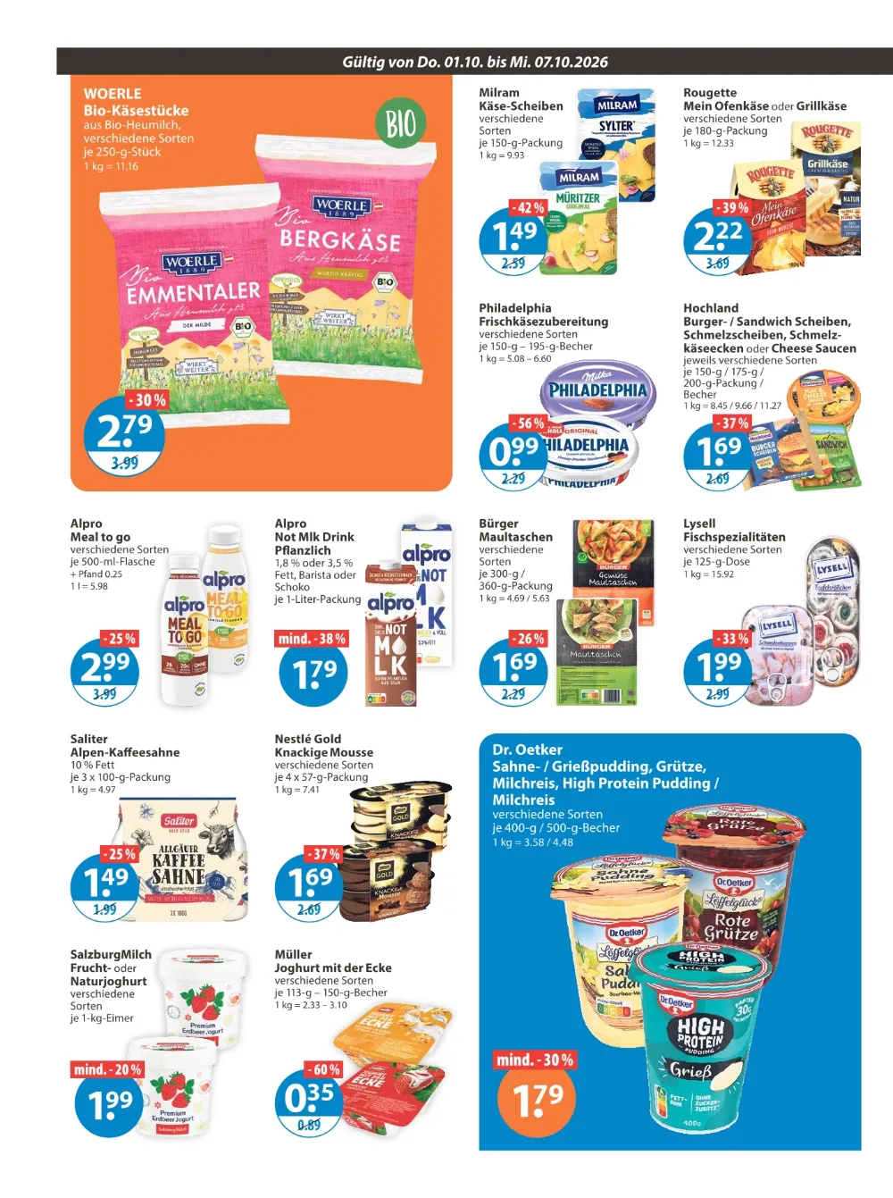 V-Markt Angebote München KW 40 Seite 6 mit Angeboten für Woerle Bergkäse, Philadelphia, Alpro Drink und Dr. Oetker Pudding.