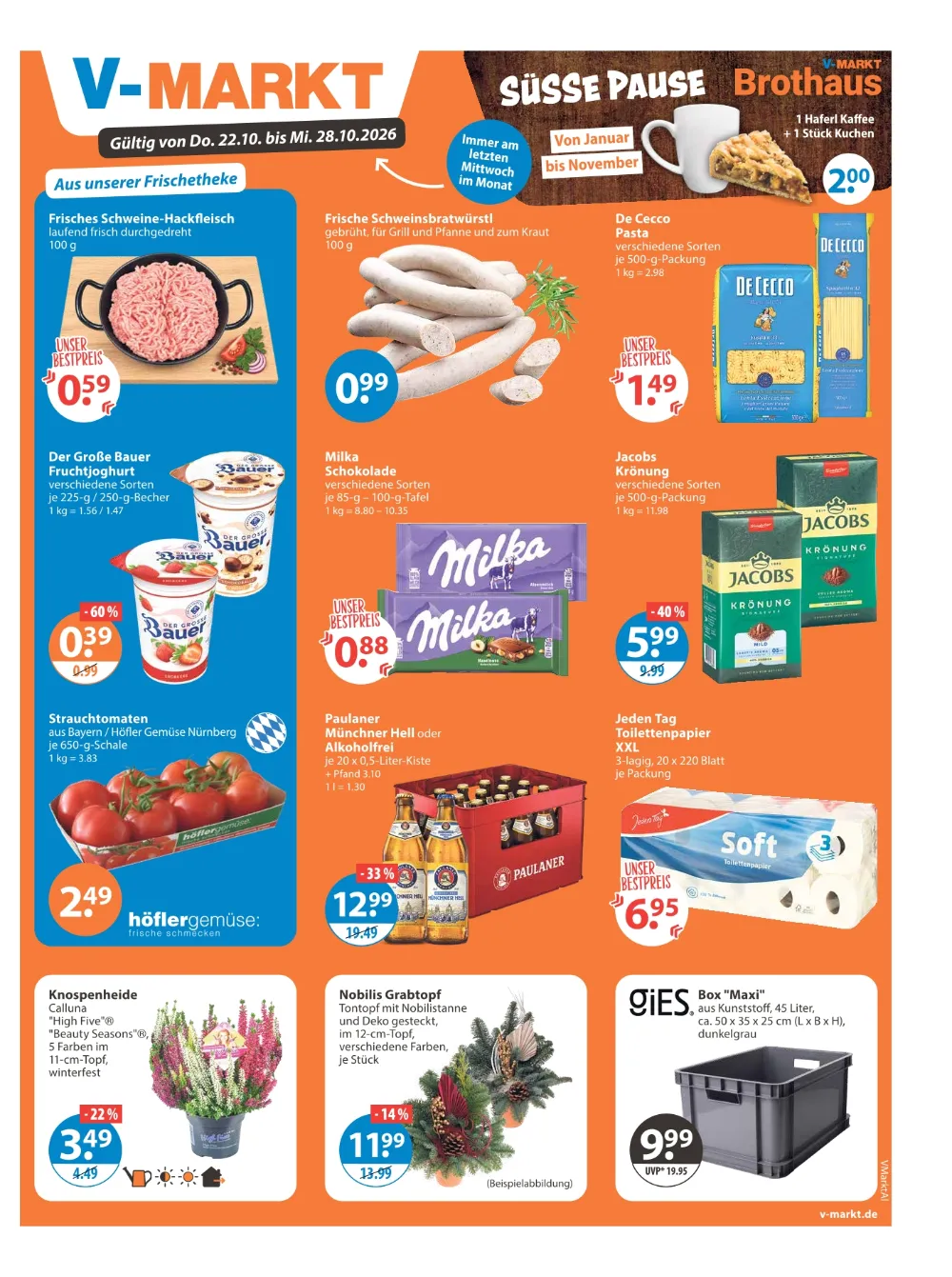 V-Markt München Angebote ab 22.10.2026 Seite 1 mit angeboten für Schweine-Hackfleisch, Schweinsbratwürstl & Milka