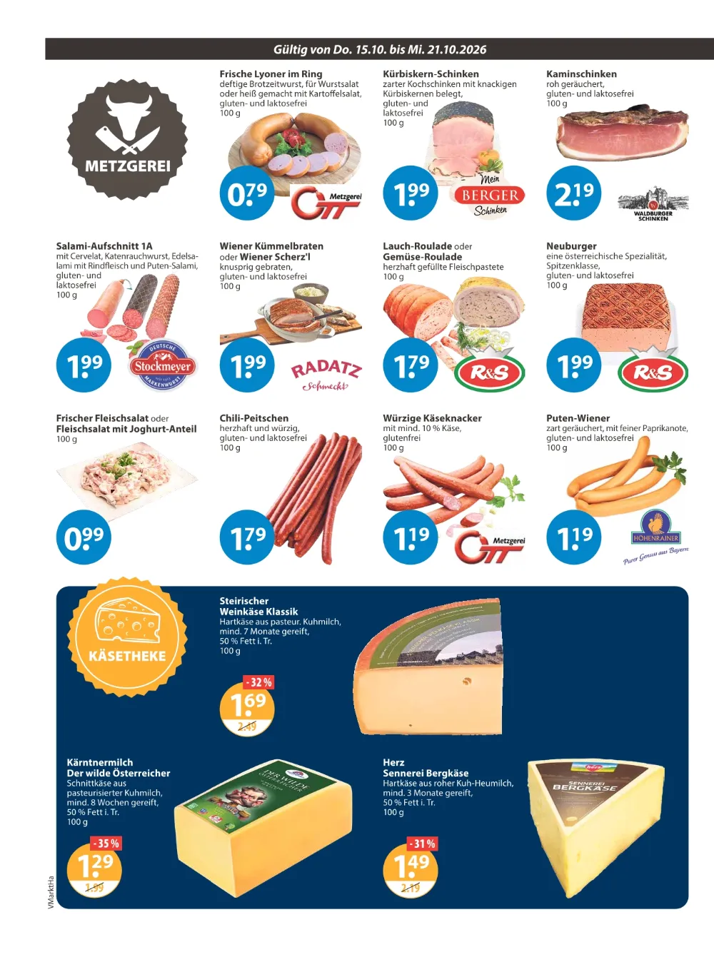 V-Markt Hallertau Prospekt KW 42 Seite 2 mit Lyoner, Kürbiskern-Schinken, Kaminschinken, Salami, Lauch-Roulade & Bergkäse