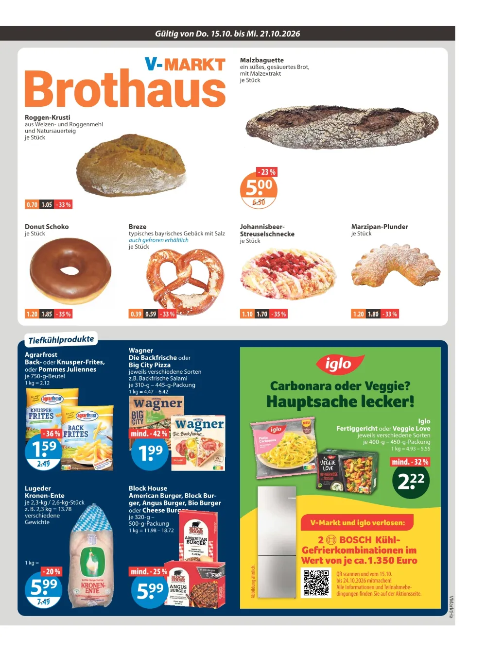 V-Markt Hallertau Prospekt KW 42 Seite 5 mit Roggen-Krusti, Breze, Donut, Agrarfrost Pommes, Wagner Pizza & Block House Burger
