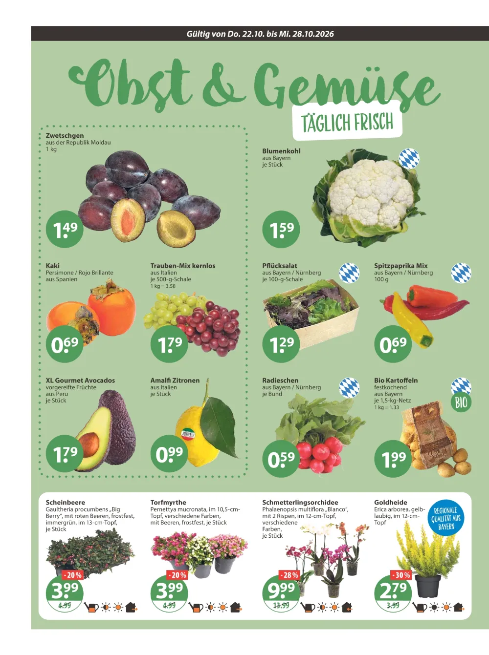 V-Markt Hallertau Prospekt KW 43 Seite 4 mit Zwetschgen, Blumenkohl, Kaki & Trauben-Mix kernlos