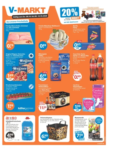 V-Markt Prospekt ab 08.10.2026 (KW 41) München V-Markt München Prospekt ab 08.10.2026 Seite 1 mit Schnitzel, Weißwurst, Barilla Pasta, Wagner Pizza und Mövenpick Kaffee.