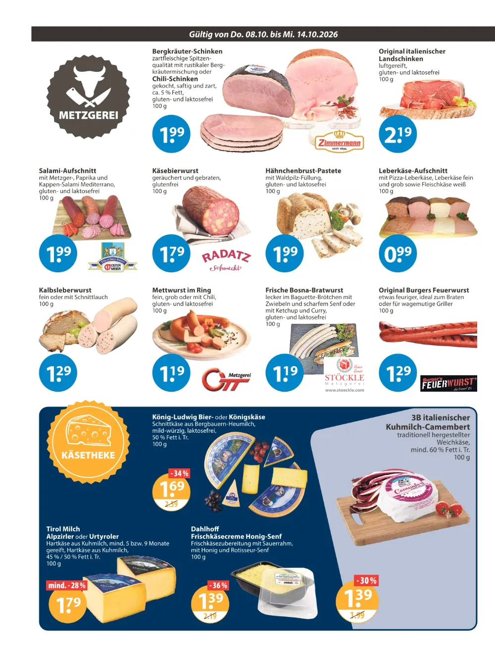 V-Markt Prospekt KW41 Seite 2 mit Bergkräuter-Schinken, Käsebierwurst, Leberkäse und König-Ludwig Bierkäse.