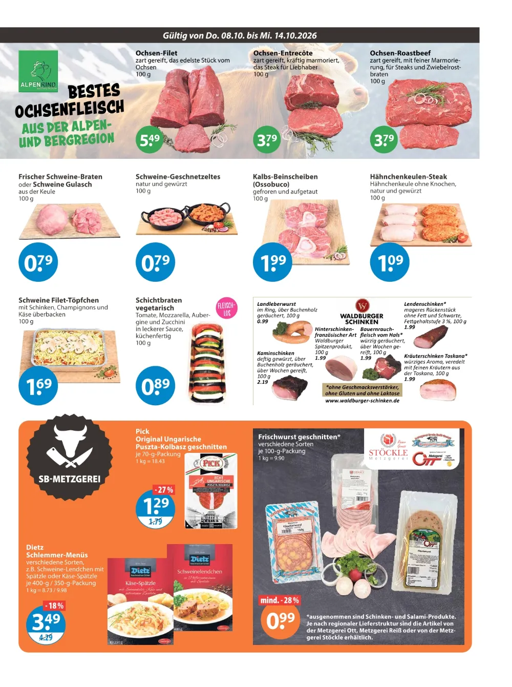 V-Markt Prospekt KW41 Seite 3 mit Ochsen-Filet, Schweinebraten, Pick Puszta-Kolbasz und Dietz Schlemmer-Menüs.