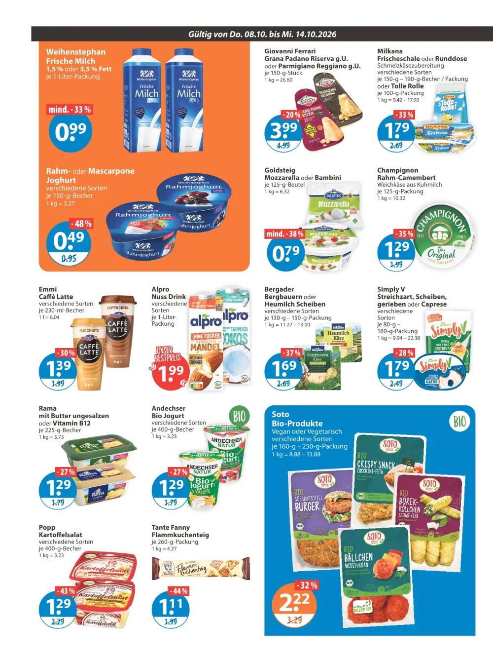V-Markt Prospekt KW41 Seite 6 mit Weihenstephan Frische Milch, Goldsteig Mozzarella, Alpro Nuss Drink und Rama.