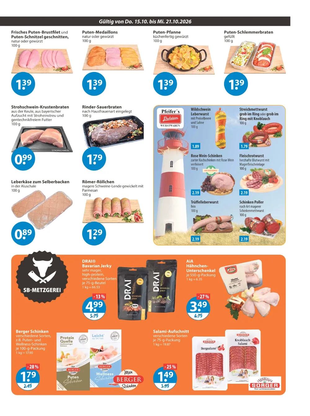 V-Markt Prospekt KW 42 Seite 3 mit Putenbrust, Sauerbraten, Leberkäse, Pfeifer's Wurst, Bavarian Jerky & Berger Schinken