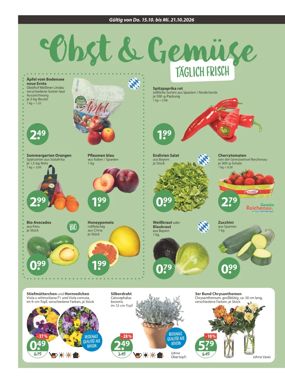 V-Markt Prospekt KW 42 Seite 4 mit Äpfel, Spitzpaprika, Orangen, Pflaumen, Avocados, Zucchini & Stiefmütterchen
