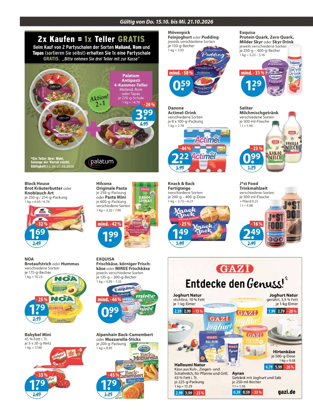 V-Markt Prospekt KW 42 Seite 6 mit Mövenpick Pudding, Actimel, Hilcona Pasta, Knack & Back, NOA, Babybel & Gazi Joghurt