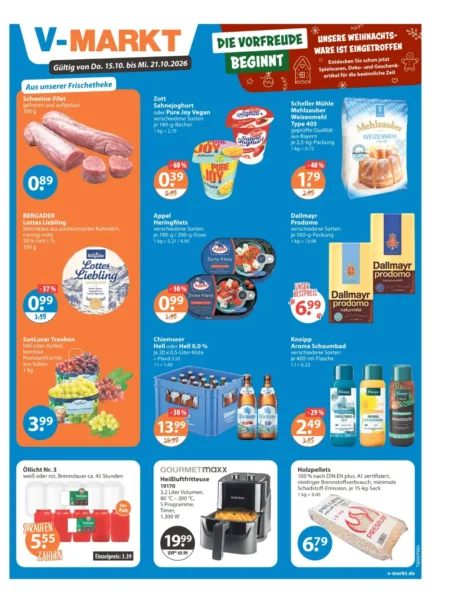 V-Markt Prospekt ab 15.10.2026 (KW 42) München V-Markt Prospekt München ab 15.10.2026 Seite 1 mit Schweinefilet, Zott Joghurt, Mehlzauber, Dallmayr, Chiemseer & Fritteuse
