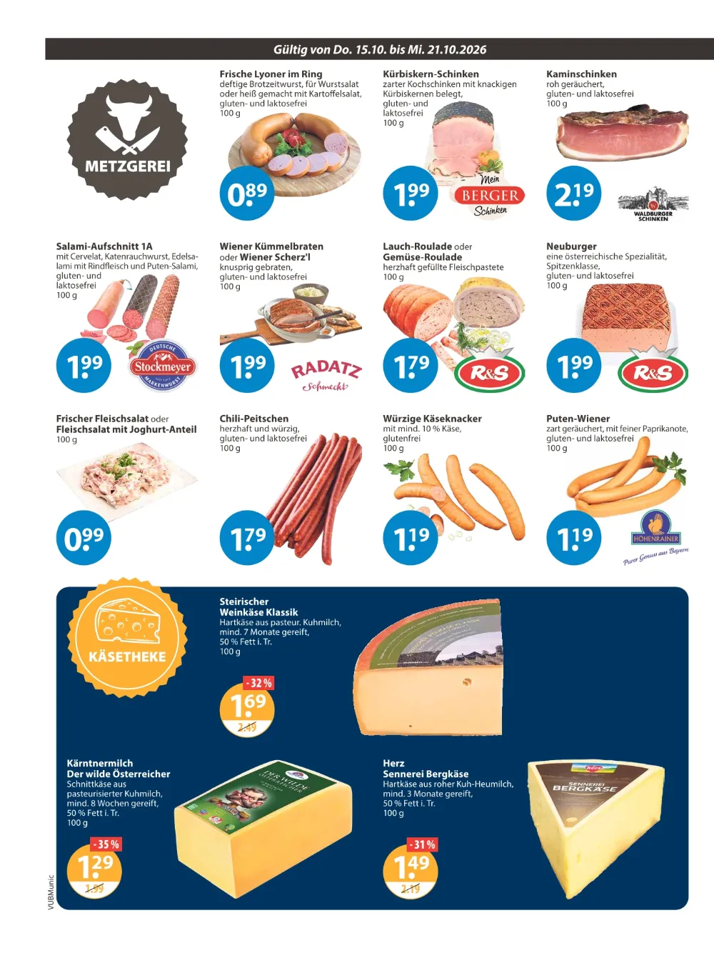 V-Markt Prospekt München KW 42 Seite 2 mit Lyoner, Kürbiskern-Schinken, Kaminschinken, Salami, Lauch-Roulade & Bergkäse