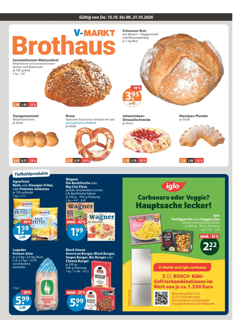 V-Markt Prospekt München KW 42 Seite 5 mit Walnussbrot, Breze, Agrarfrost Pommes, Wagner Pizza & Block House Burger