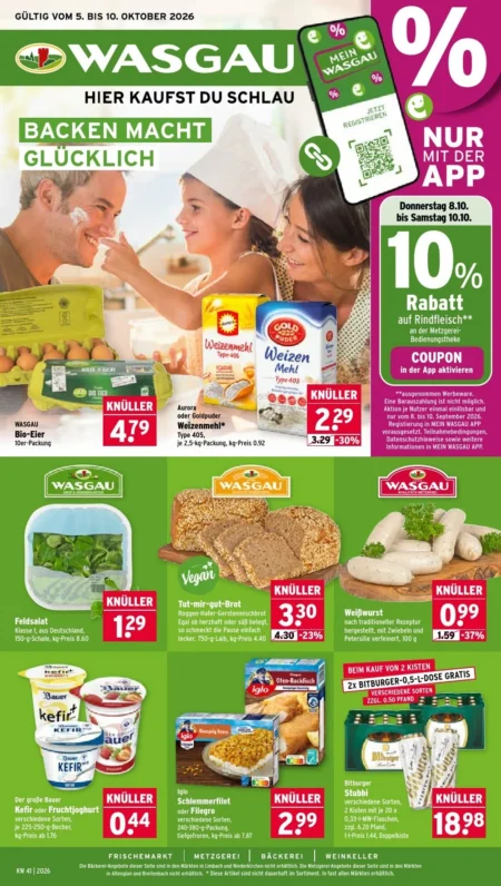 Wasgau Prospekt ab 05.10.2026 (KW 41) Wasgau Prospekt ab 05.10.2026 Seite 1 mit Bio-Eiern, Weizenmehl, Feldsalat, Tut-mir-gut-Brot, Weißwurst und Bitburger Stubbli.