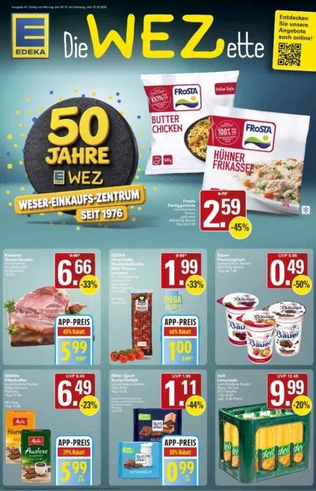 WEZ Prospekt ab 05.10.2026 (KW 41) WEZ Prospekt ab 05.10.2026 Seite 1 mit Frosta Fertiggerichten, Kasseler Nackenbraten und Melitta Filterkaffee.